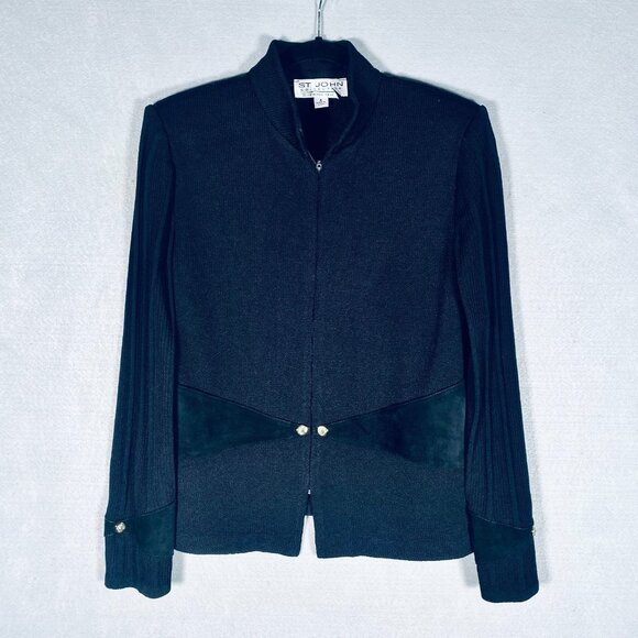 Vintage St John Jacket Womens 8 Black Full Zip Blazer Ribbed Sleeves Old Money - Picture 1 of 10